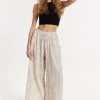 Beige Embroidered Wide Leg Trousers