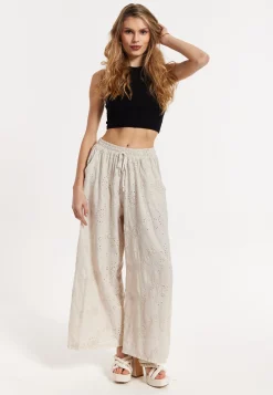 Beige Embroidered Wide Leg Trousers