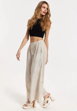 Beige Embroidered Wide Leg Trousers