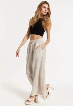 Beige Embroidered Wide Leg Trousers