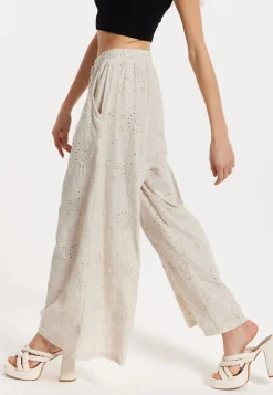 Beige Embroidered Wide Leg Trousers
