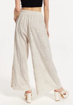 Beige Embroidered Wide Leg Trousers