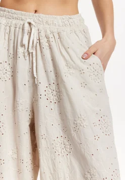Beige Embroidered Wide Leg Trousers