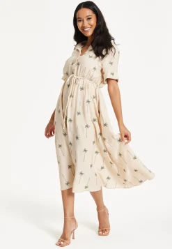 Beige Palm Print Shirt Midi Dress