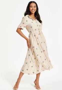 Beige Palm Print Shirt Midi Dress