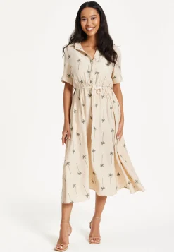 Beige Palm Print Shirt Midi Dress