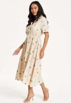 Beige Palm Print Shirt Midi Dress