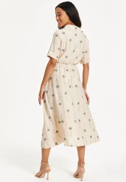 Beige Palm Print Shirt Midi Dress