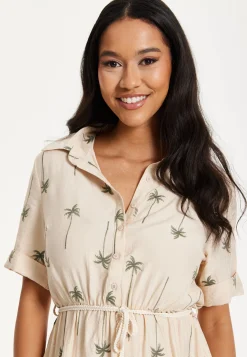 Beige Palm Print Shirt Midi Dress