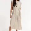 Beige Pleated Midi Dress with Tie Waist
