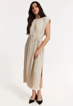 Beige Pleated Midi Dress with Tie Waist