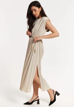 Beige Pleated Midi Dress with Tie Waist