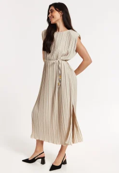 Beige Pleated Midi Dress with Tie Waist