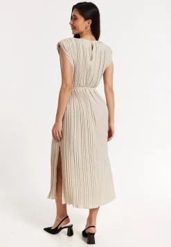 Beige Pleated Midi Dress with Tie Waist