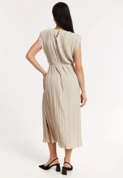Beige Pleated Midi Dress with Tie Waist