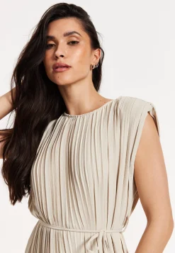 Beige Pleated Midi Dress with Tie Waist