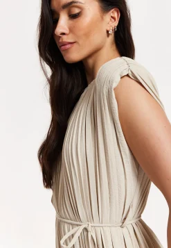 Beige Pleated Midi Dress with Tie Waist