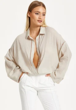 Beige Relaxed Fit Ladder Trim Shirt