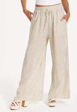 Beige Striped Linen Wide Leg Trousers