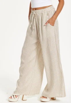 Beige Striped Linen Wide Leg Trousers