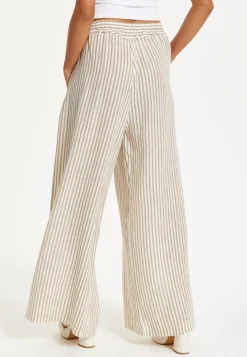 Beige Striped Linen Wide Leg Trousers