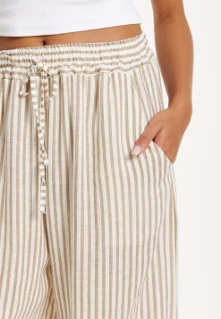 Beige Striped Linen Wide Leg Trousers