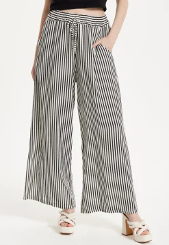 Black and White Striped Linen Wide Leg Trousers