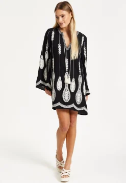 Black Embroidered Flare Sleeve Dress