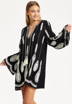 Black Embroidered Flare Sleeve Dress