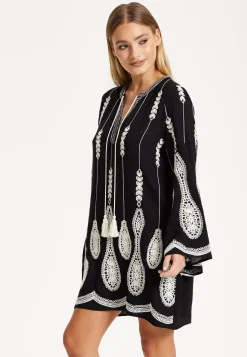Black Embroidered Flare Sleeve Dress