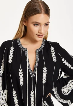 Black Embroidered Flare Sleeve Dress