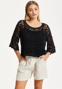 Black Knitted Crochet Lace Top