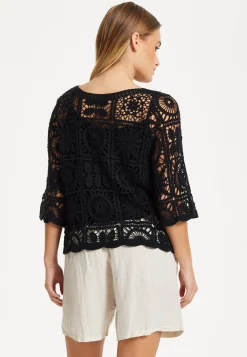 Black Knitted Crochet Lace Top