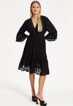 Black Lace Trim Flare Sleeve Dress