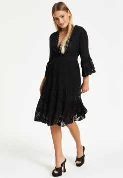 Black Lace Trim Flare Sleeve Dress