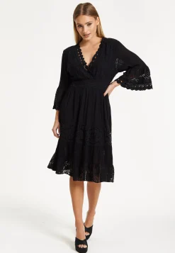 Black Lace Trim Flare Sleeve Dress