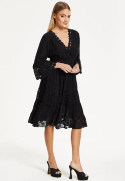 Black Lace Trim Flare Sleeve Dress