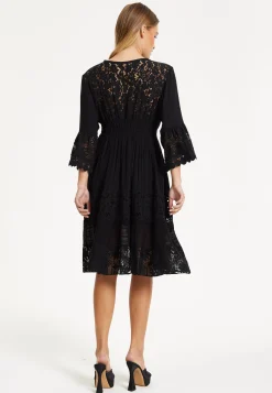 Black Lace Trim Flare Sleeve Dress