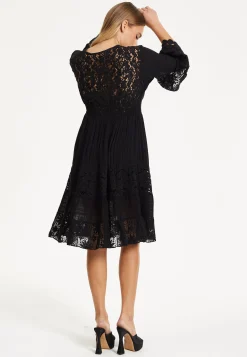 Black Lace Trim Flare Sleeve Dress