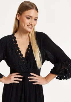 Black Lace Trim Flare Sleeve Dress