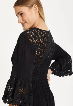 Black Lace Trim Flare Sleeve Dress