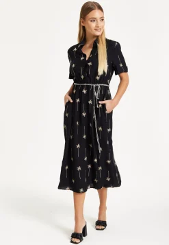 Black Palm Print Shirt Midi Dress