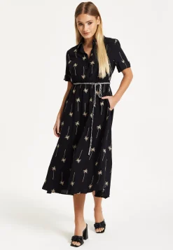 Black Palm Print Shirt Midi Dress