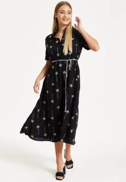 Black Palm Print Shirt Midi Dress