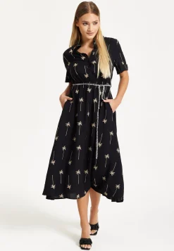 Black Palm Print Shirt Midi Dress