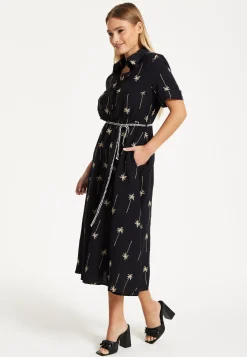Black Palm Print Shirt Midi Dress