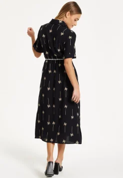 Black Palm Print Shirt Midi Dress