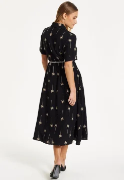 Black Palm Print Shirt Midi Dress
