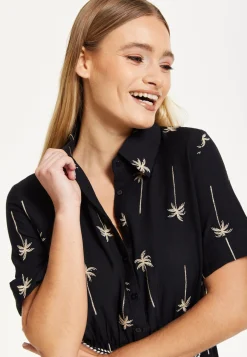 Black Palm Print Shirt Midi Dress