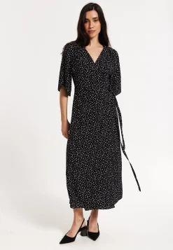 Black Polka Dot Kimono Wrap Maxi Dress